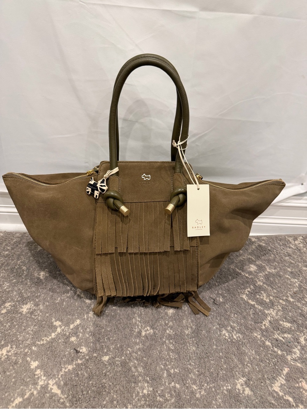 NWT Radley of London Olive Suede Fringe Tote Bag with Top Handles.13.25X13.75.
